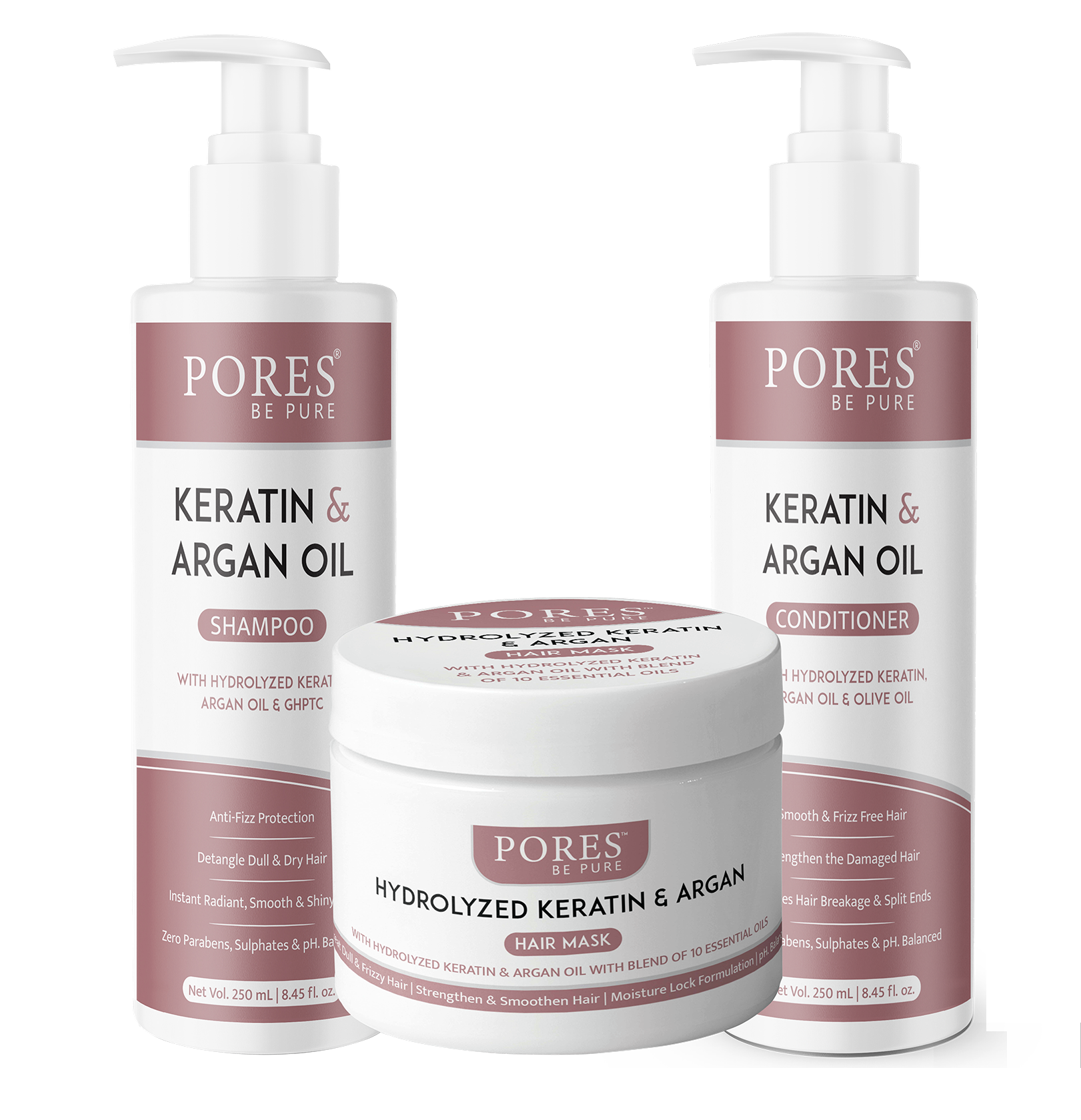 Keratin and Argan oil Shampoo + Hair Mask + Conditioner by PORES BE PURE