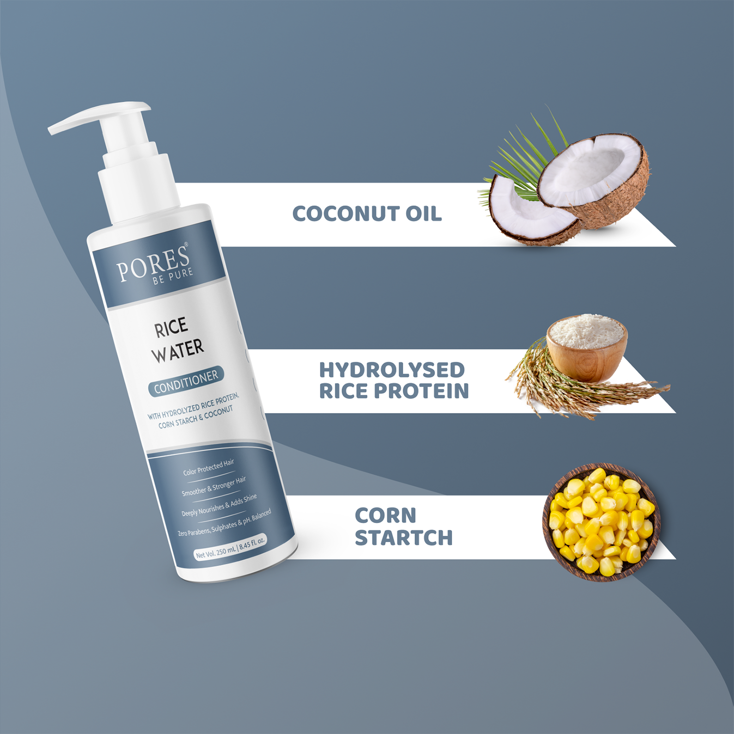 Rice Water Conditioner containing coconut oil, hydrolyzed rice protein & corn starch by PORES BE PURE