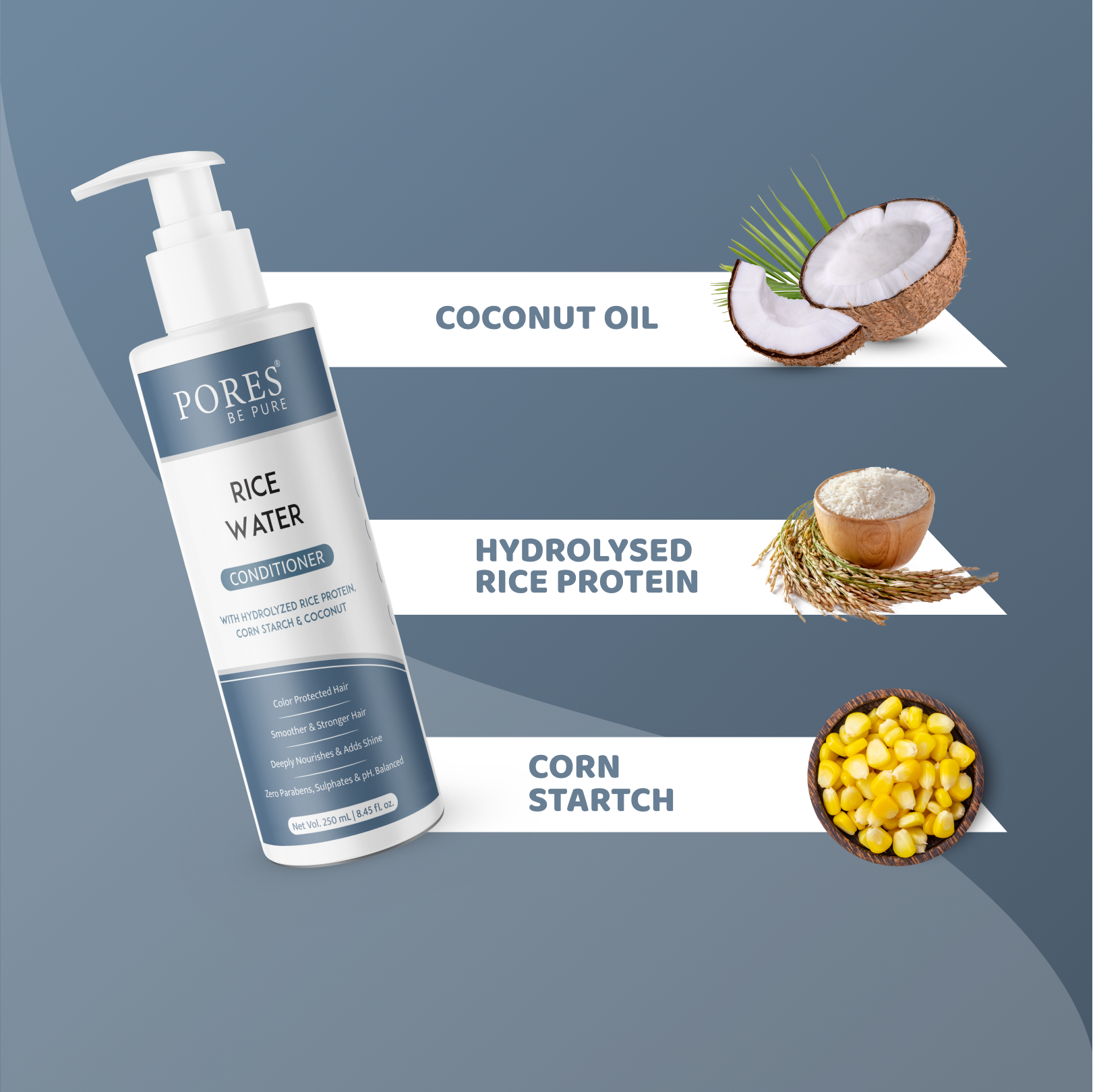Rice Water Conditioner containing Coconut oil, Hydrolyzed Rice protein & Corn starch