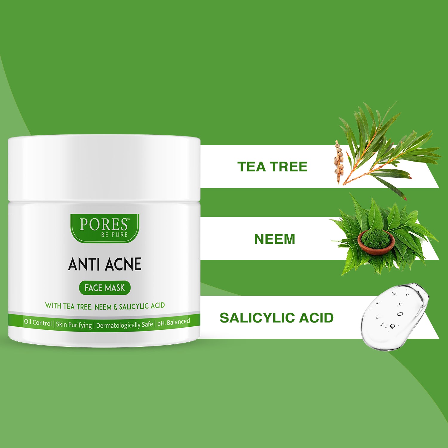 PORES BE PURE Anti Acne Face Mask containing Tea Tree, Neem and Salicylic acid
