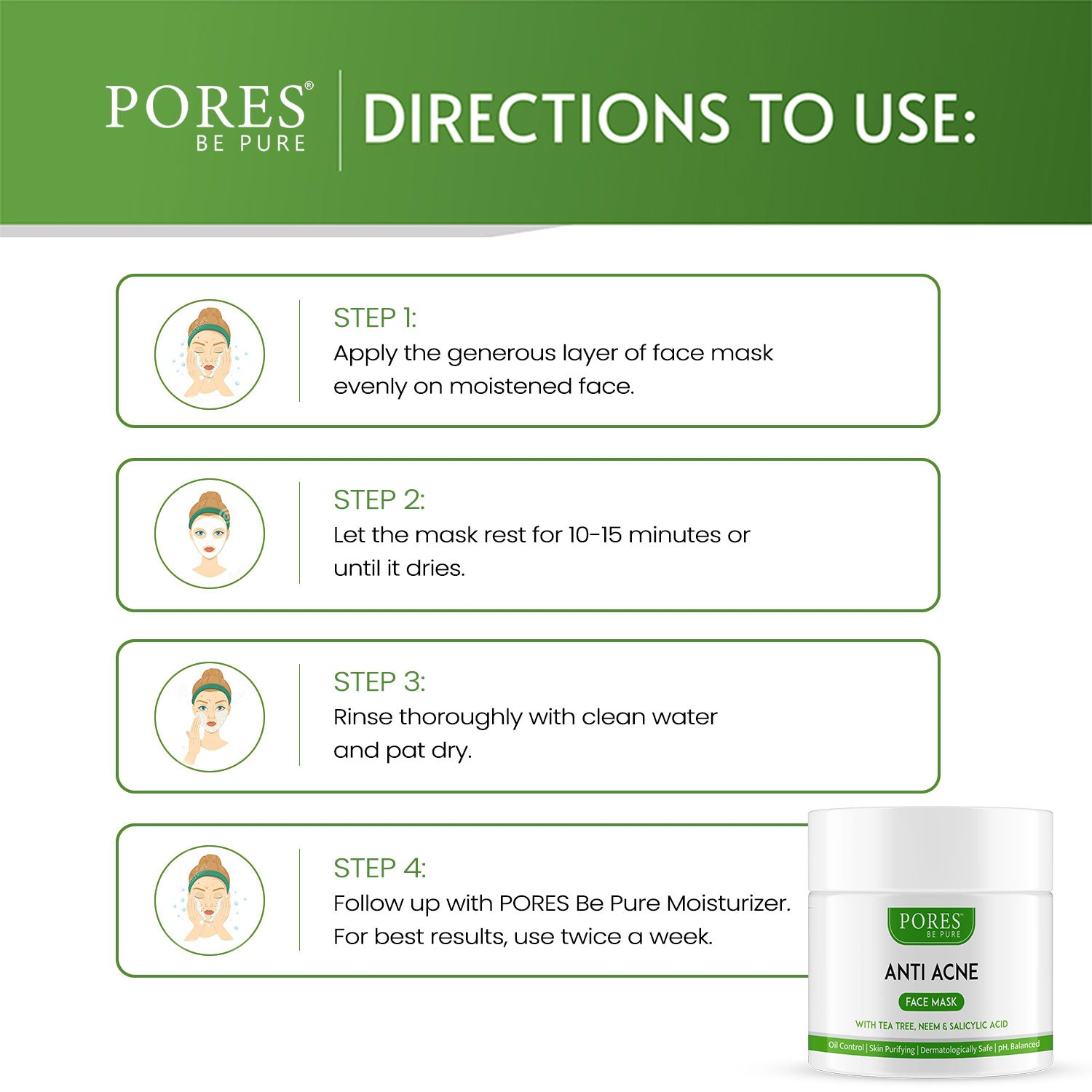 Directions to use Anti Acne Face Mask by PORES BE PURE