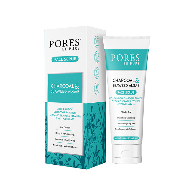 PORES BE PURE Charcoal and Seaweed Algae Face Scrub with packet