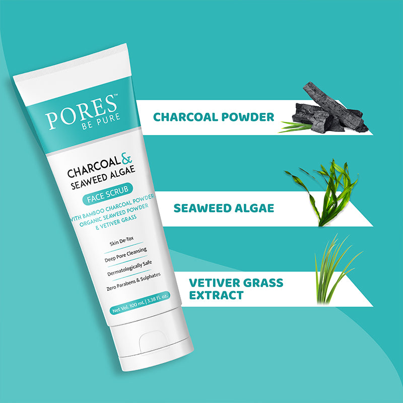 PORES BE PURE Face Scrub containing Charcoal powder, Seaweed Algae & Vetiver Grass