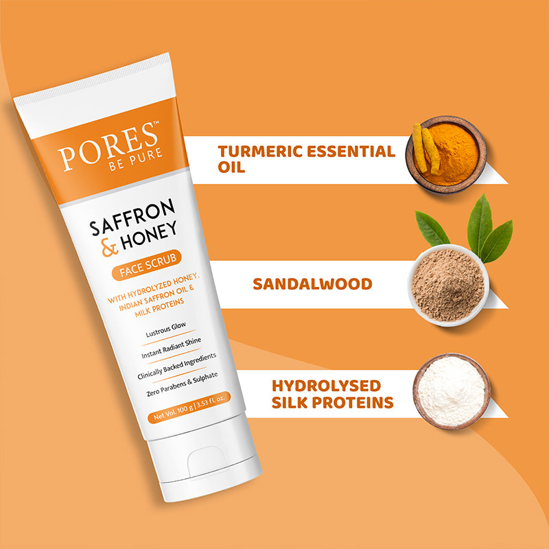 Saffron & Honey Face scrub containing Turmeric essential oil, sandalwood with hydrolyzed silk proteins
