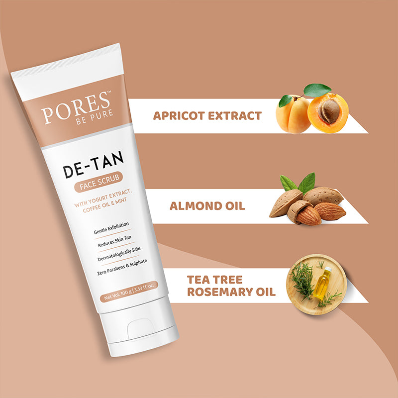 DE-TAN Face scrub by PORES BE PURE containing Apricot extract, Almond and Tea tree rosemary oil 