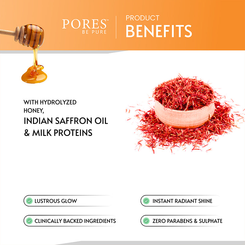 Benefits with hydrolyzed honey, Indian Saffron oil & Milk Proteins by PORES BE PURE
