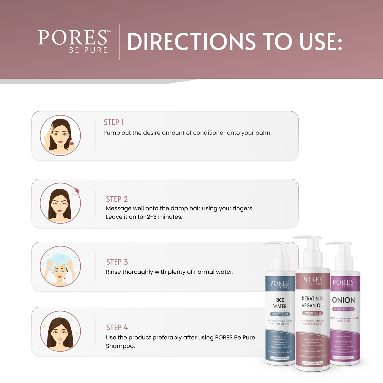 Directions to use Keratin & Argan Oil Conditioner by PORES BE PURE