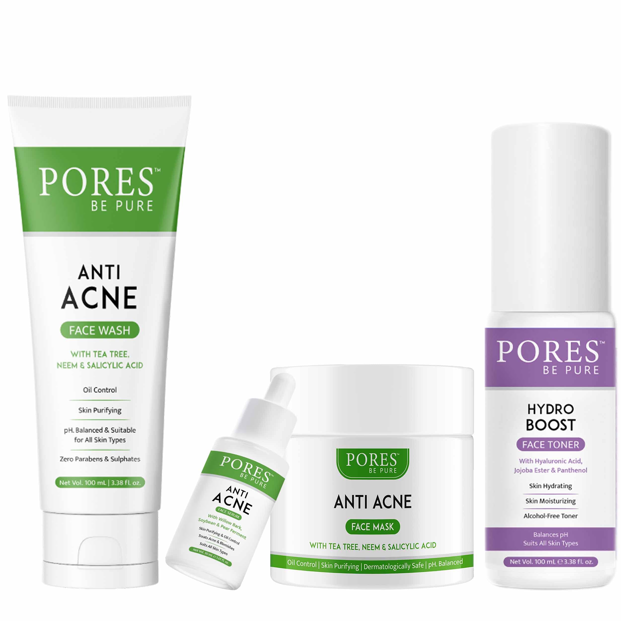 Anti Acne Face Wash + Face Serum + Face Mask + Hydro Boost Face Toner by PORES BE PURE