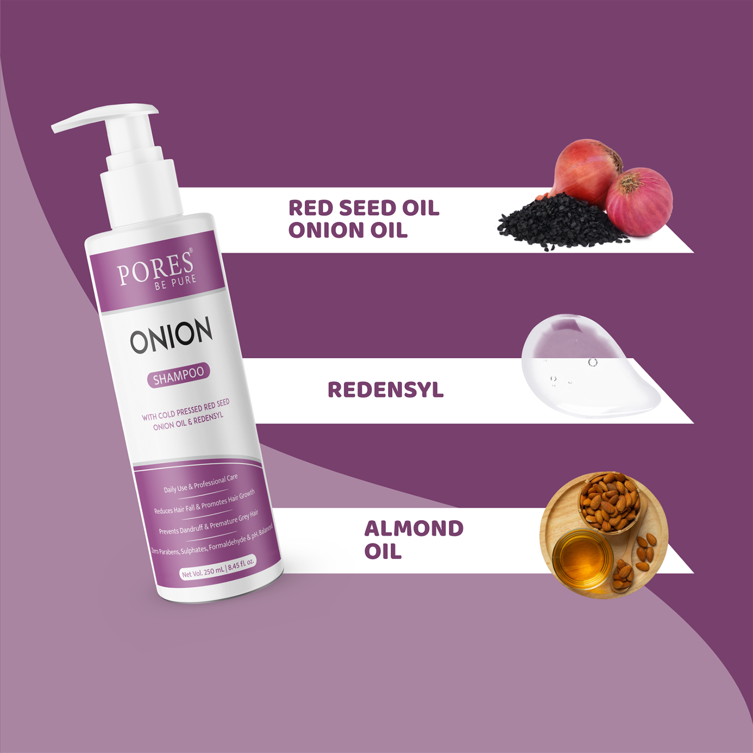 Onion Shampoo containing red seed onion oil, redensyl & almond oil